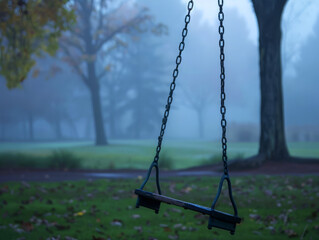 An empty wooden swing in a foggy park at dawn, conveying solitude and the stillness of nature