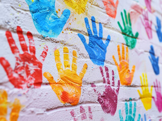 Colorful handprints on a wall representing diversity, unity, and creativity in a community.