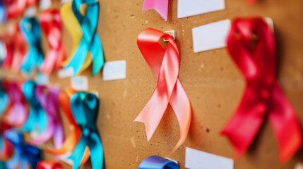 Awareness ribbons on a community bulletin board symbolizing support and solidarity in various causes.