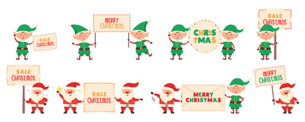 santa and elf holding a sign in their hands