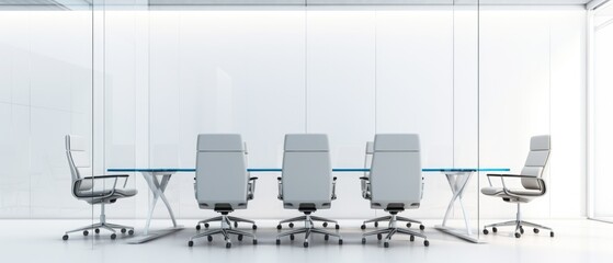 Front view of empty modern conference room with office table and chairs with white wall in glass...