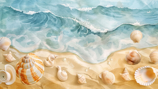 Watercolor illustration of a serene beach with sand and seashells invoking tranquility and natural beauty.