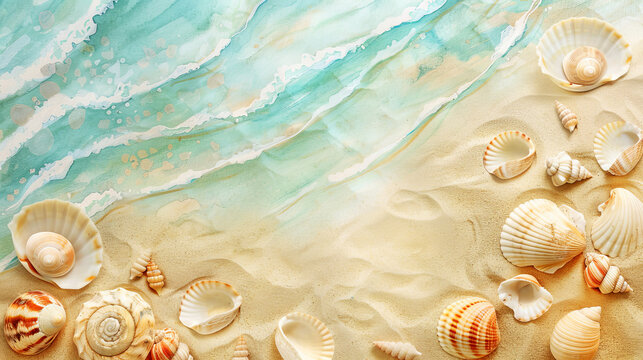 Watercolor illustration of a serene beach with sand and seashells invoking tranquility and natural beauty.