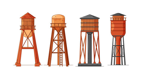 Vector Water Towers, Tall, Elevated Metal Constructions Used To Store And Distribute Water To Surrounding Areas