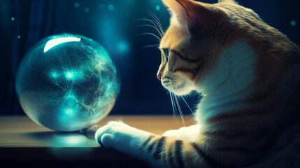 Close-up of a curious cat looking into a mystical crystal ball, suggesting a moment of wonder and curiosity about the future