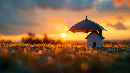 Model house under umbrella, clear skies ahead, dawn light, wide shot, promise of protection, new beginnings - obrazy, fototapety, plakaty