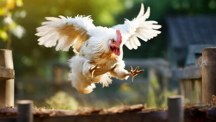 Portrait of a white chicken jumping on a fence