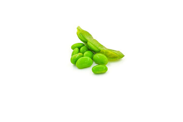 Fresh edamame soybeans and pods isolated on white background.