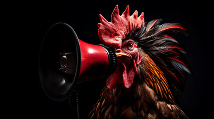 Portrait of a rooster with a megaphone