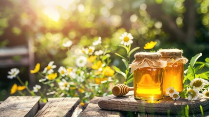 Close-up of two jars of honey placed on a wooden table with wildflowers around them - obrazy, fototapety, plakaty