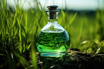 a glass bottle with green liquid in the grass