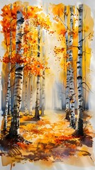 Vibrant Autumnal Birch Tree Forest Landscape in Watercolor Style