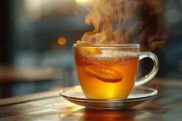 Sierkussen Glass cup with hot tea with lemon © Tetiana Kasatkina