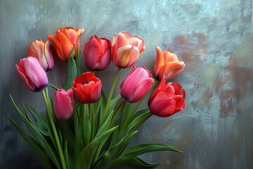 Top view of beautiful colorful tulips bouquet