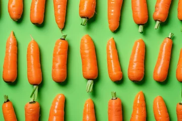 Fotobehang Row of Fresh Carrots on Green Background with Pointing Tops © SHOTPRIME STUDIO