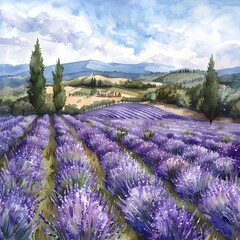 Lush Watercolor Lavender Fields in Serene Countryside Landscape