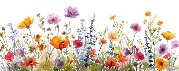 Vibrant Watercolor Meadow Blooming with Colorful Wildflowers on White Background