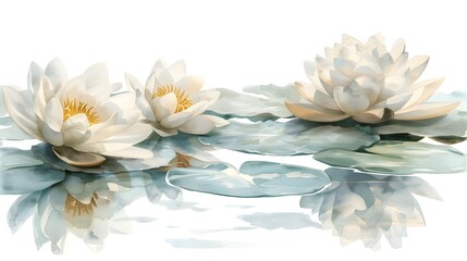 Graceful Watercolor Lilies Floating Peacefully in a Tranquil Mirrored Pond