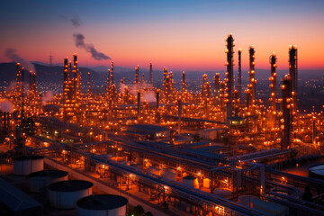 Fototapeta premium Oil and gas refinery at night, energy supply for industrial demand