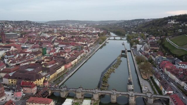 Spanning aerial view of Wurzburg, near the Marienberg fortress by the river Main, Germany.