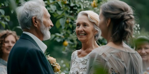 Elderly couple renewing vows in a garden surrounded by family and friends tears of joy and commitment. Concept Elderly couple, Vow Renewal, Garden Ceremony, Family and Friends, Tears of Joy - Powered by Adobe