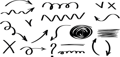 Sketch arrows and frames. Hand drawn arrow, doodle divider and circle, oval and square frame vector set. Underline and navigation symbols. Dotted and curvy lines. Scribble elements, cursors
