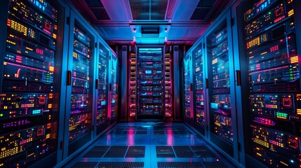 Data Center With Illuminated Server Racks - obrazy, fototapety, plakaty