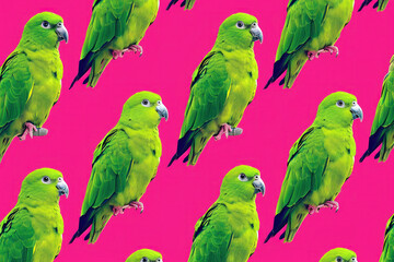 Naklejka premium Colorful group of green parrots sitting on a bright pink background in a tropical setting