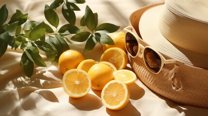 A basket of oranges and lemons sits on a table next to a straw hat