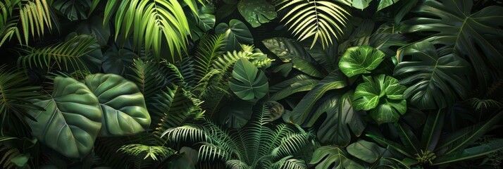 A luxuriant scene of tropical flora, with green ferns basking in the sunlight, their leaves creating a dynamic spectrum of light and dark hues amidst the undergrowth. - obrazy, fototapety, plakaty