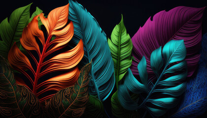 Creative fluorescent color layout made of tropical leaves. Flat lay neon colors. Bright glowing leaves, cyber floral frame and leafs in neon lights vector on dark background. Nature concept. - obrazy, fototapety, plakaty