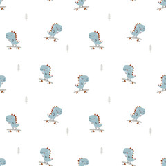 Cute Dinosaur playing skateboard Seamless Pattern for Kids and Babies Clothing, Fabric, Wrapping, Packaging, Textile, Wallpaper, Nursery Décor etc. Isolated on White Background. Baby Boy Theme.	