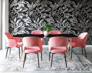 Dining room with black and white wallpaper, fuchsia chairs around a dining table on a rug - obrazy, fototapety, plakaty