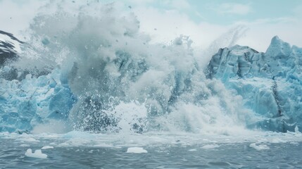 Dynamic capture of a glacier calving event with massive ice blocks and spray against a stark arctic landscape, highlighting the natural phenomenon and its raw power.