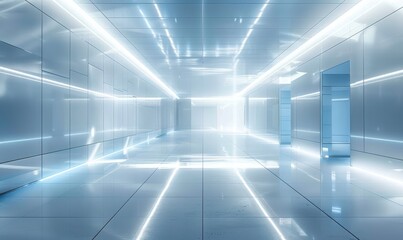 A futuristic and sleek curved corridor with highly reflective surfaces creating a spacious and otherworldly atmosphere.