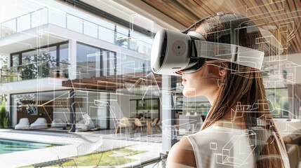 réalité virtuelle et architecture, personne qui visite une maison avec un casque VR. illustration ia générative
 - obrazy, fototapety, plakaty
