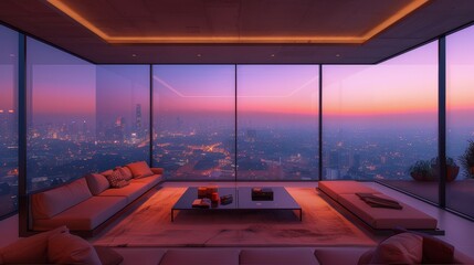 A modern penthouse living room bathed in the warm glow of sunset, featuring floor-to-ceiling windows with a panoramic city view. - obrazy, fototapety, plakaty