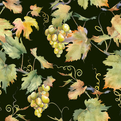 Seamless pattern with green grapes on dark background. Hand painted watercolor illustration.