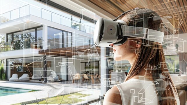 r&eacute;alit&eacute; virtuelle et architecture, personne qui visite une maison avec un casque VR. illustration ia g&eacute;n&eacute;rative
