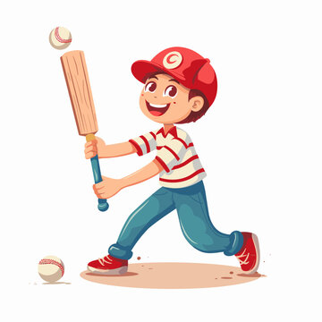 Cute little boy in cricket cap and t-shirt with baseball bat vector Illustration