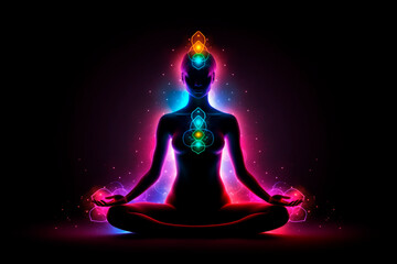Human silhouette with a multi-colored glow in the lotus position. Yoga pose. Chakras