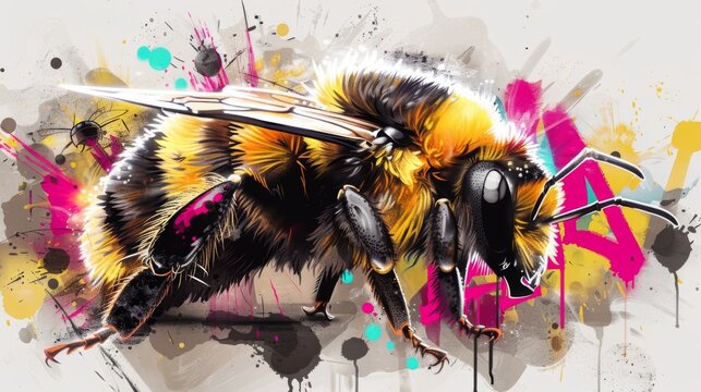 A dynamic depiction of a bee with splashes of vibrant colors that captures the essence of street art and nature's pollinators.