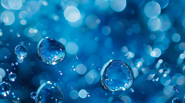 Close-up blue gas bubbles under water ,Dark blue bokeh background ,abstract deep blue background with blur bokeh light effect

