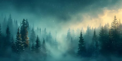 Papier Peint photo Lavable Forêt dans le brouillard Winter forest under the mesmerizing glow of the Northern Lights with a starry sky above. Concept Winter Wonderland, Northern Lights, Starry Sky, Forest Scene, Snowscape