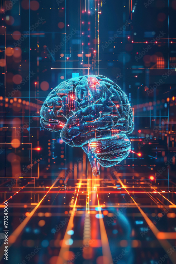 Poster a futuristic representation of a brain made with 3d digital lines and light amidst circuitry