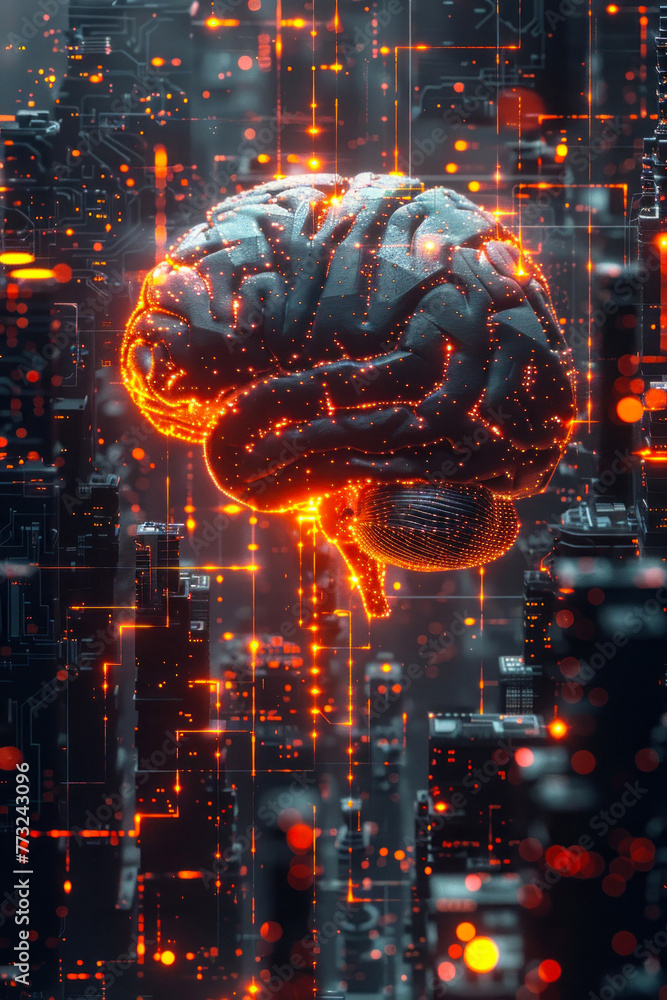 Poster an artistic 3d depiction of a glowing brain with digital light effects symbolizing advanced tech