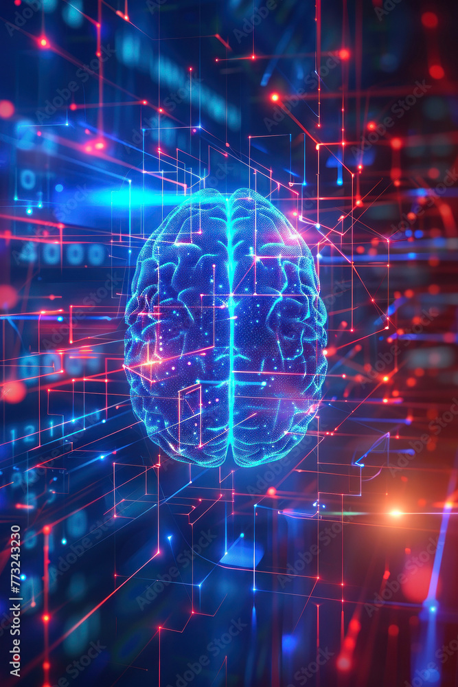 Poster a glowing blue brain made of networks, symbolizing high-tech cognitive processes and artificial inte