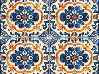 Fototapeta na wymiar A seamless pattern of blue and orange tiles inspired by Mediterranean mosaics
