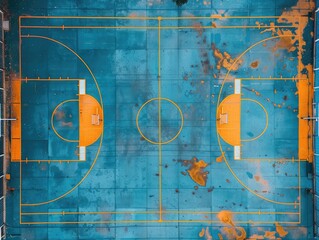 A top-down view of a blue and orange sports court emphasizing geometric lines and patterns