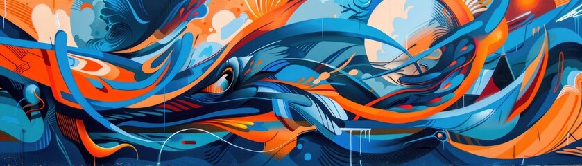 A vibrant street art mural blending blue and orange in a dynamic urban landscape
